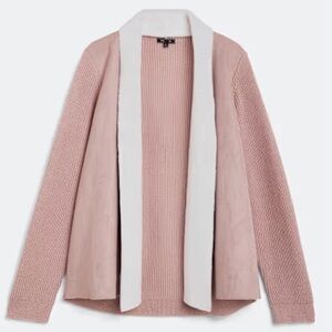 Elegant Pink and White Women's Cardigan with faux suede